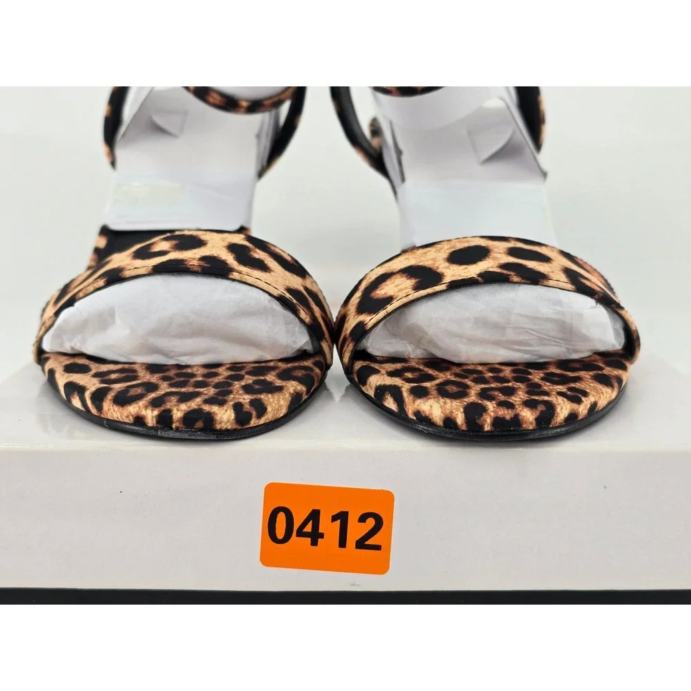 Nine West Anny2 Sandals Womens Size 5M Dark Natural Leopard Print Gold Heel -New
